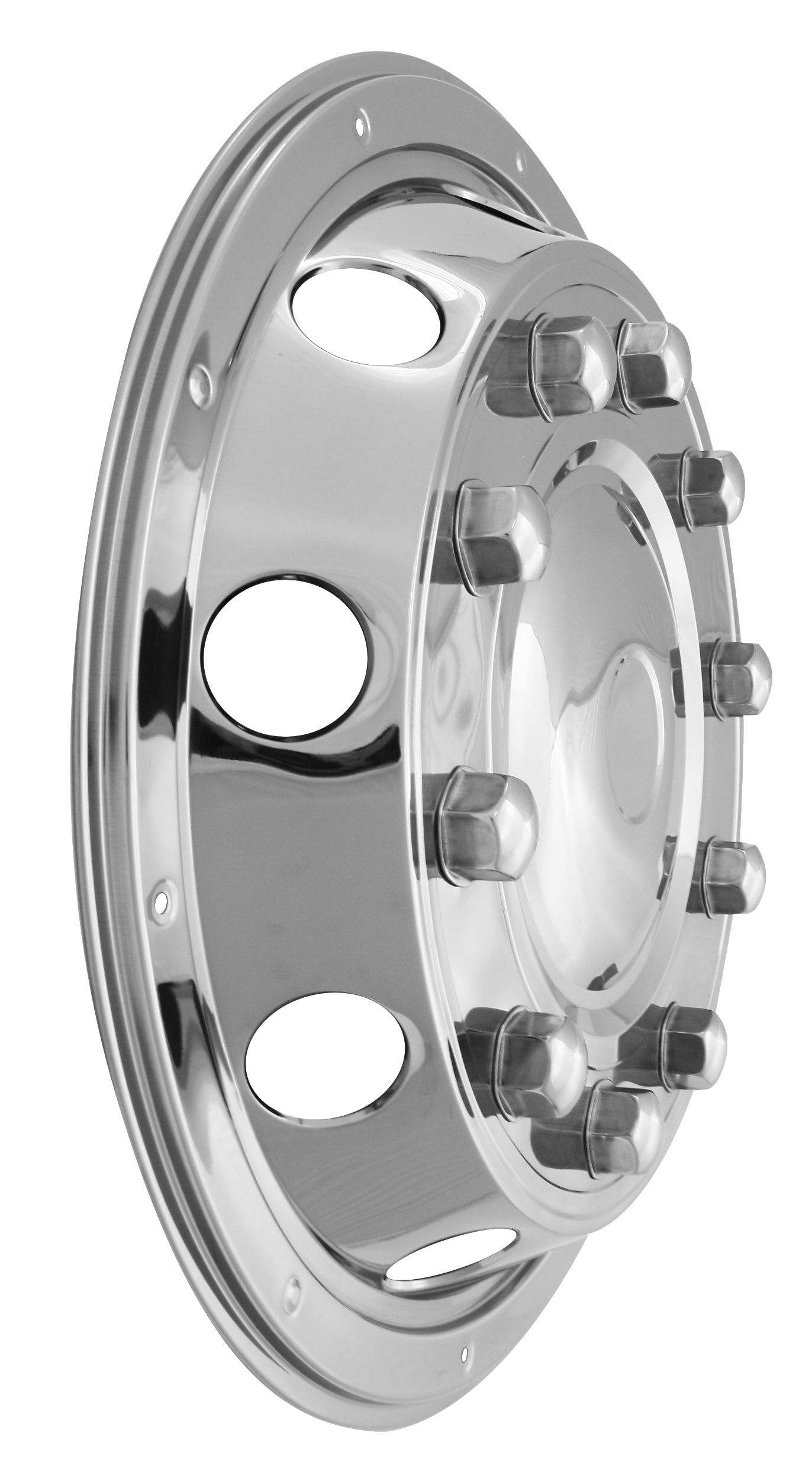 A pair of wheel covers made of stainless steel with an solid center for 22.5" rims